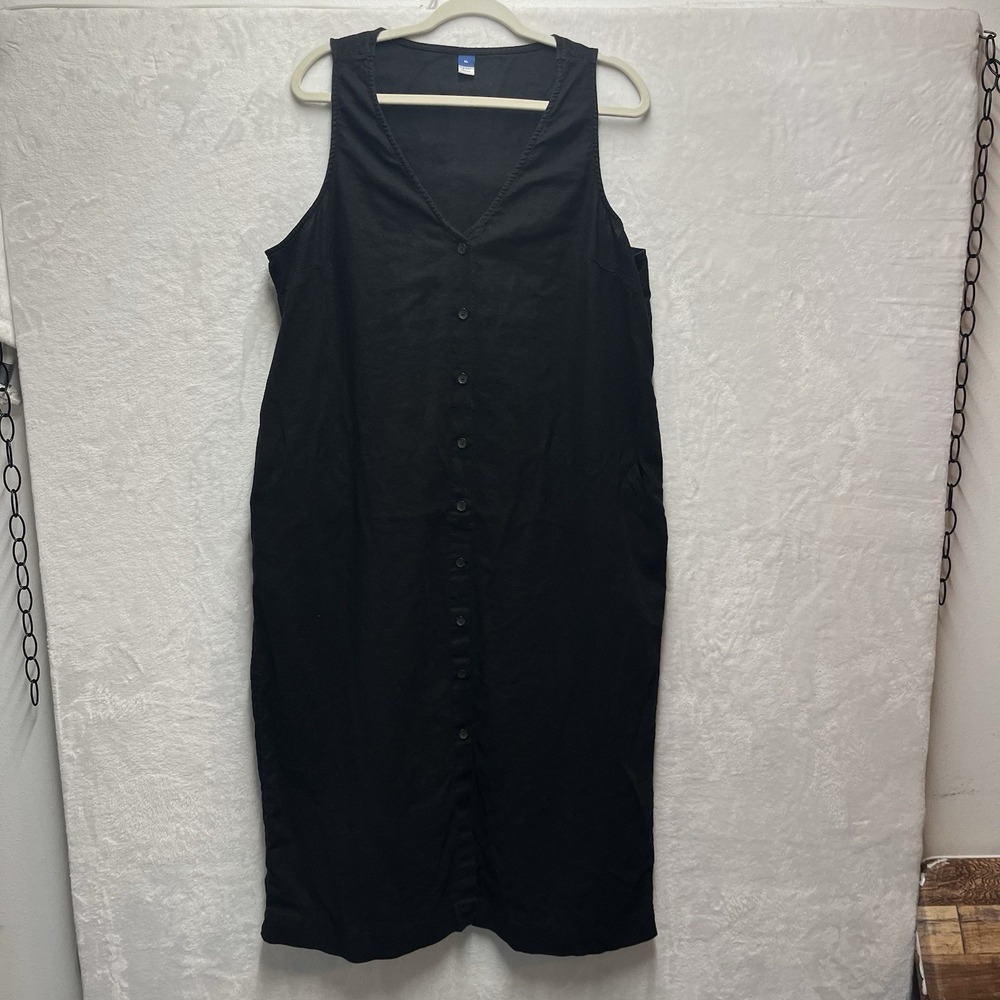 Old Navy Sleeveless Button Front Linen Midi Dress Women XL Blackk Coastal Summer